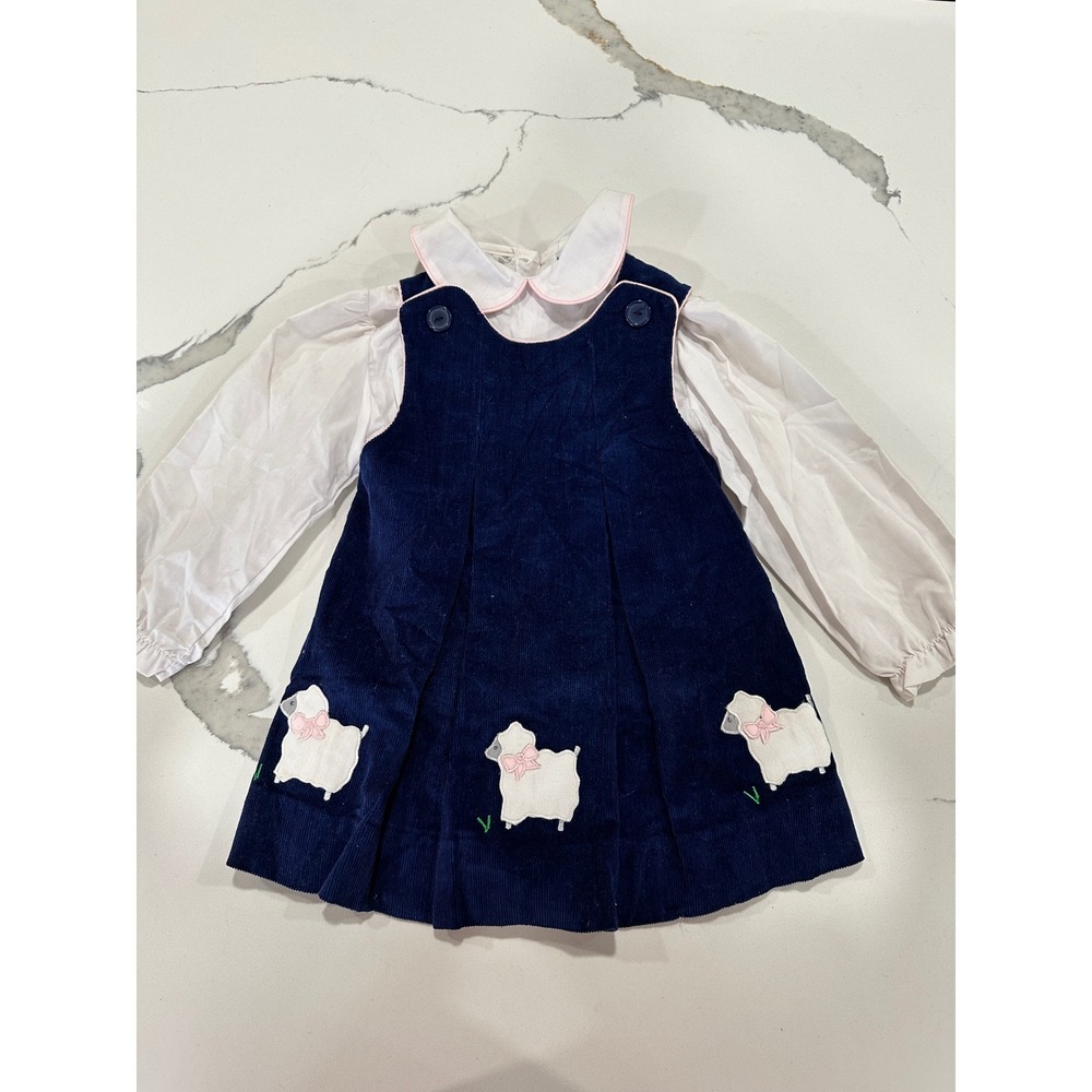 VTG Samara Girls Navy Corduroy Sheep Embroidered Pinafore Dress White Blouse 3T